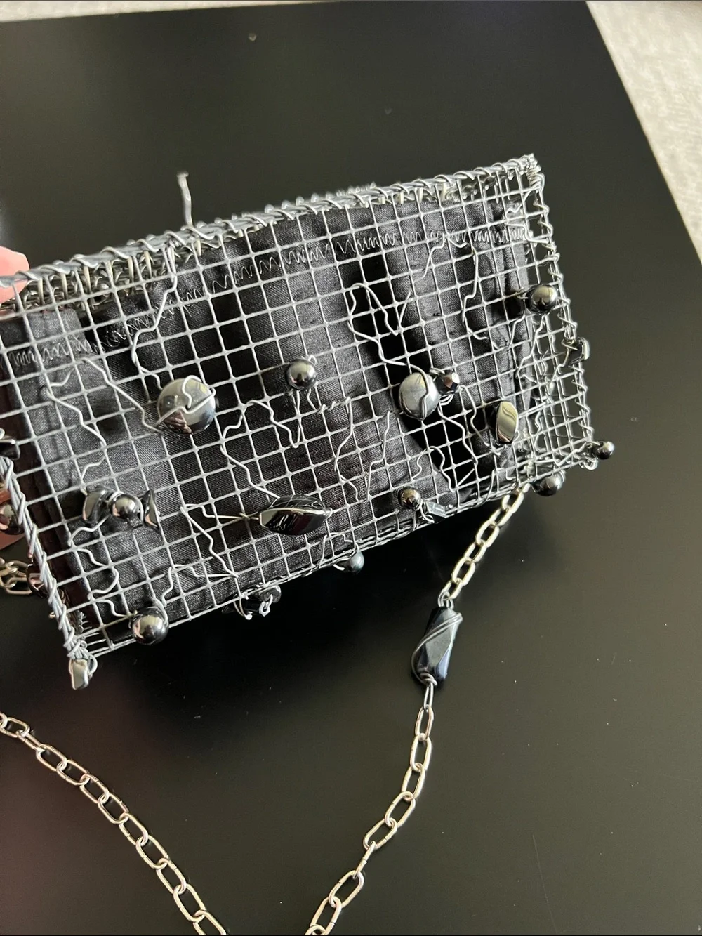 Unsigned Anndra Neen‑Style Alpaca Silver Cage Bag w/ Hematite Beads & Chain Stra